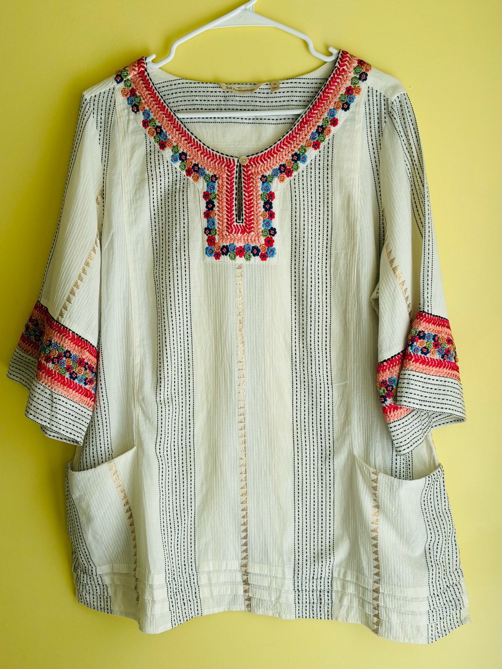 Soft Surroundings Cream Tunic with Pink & Multicolor Embroidery